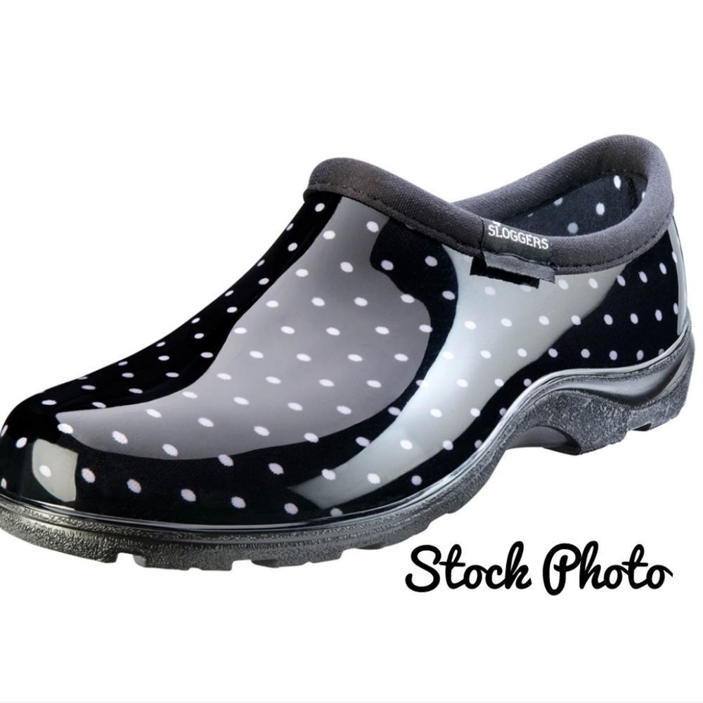 SLOGGERS Black & White Polka Dots Rubber Rain Garden Mud Slip-On Shoes Size‎ 6
